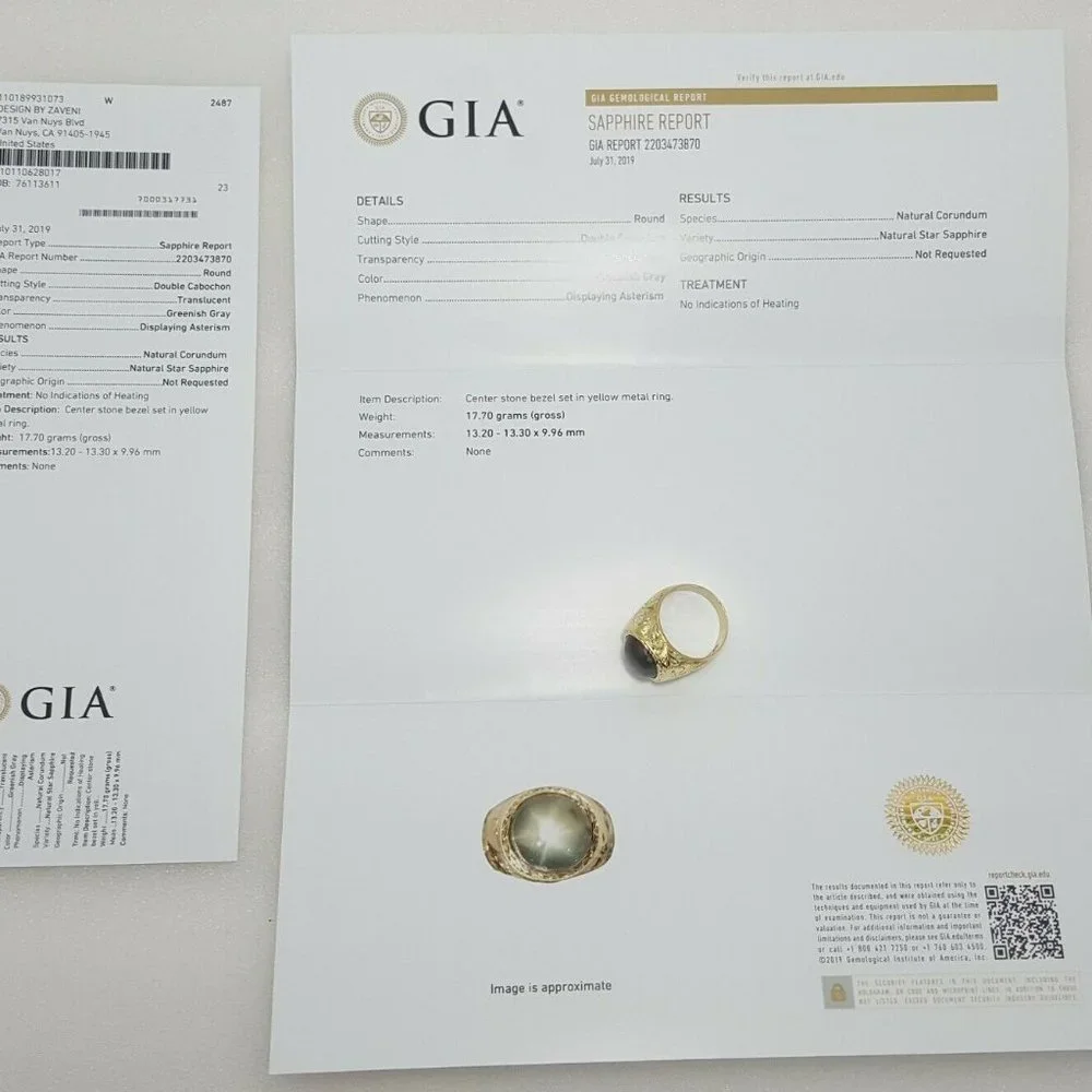 Yellow Gold 18K Karat Designer Gold Ring w/ Greenish Gray Sapphire GIA Certified